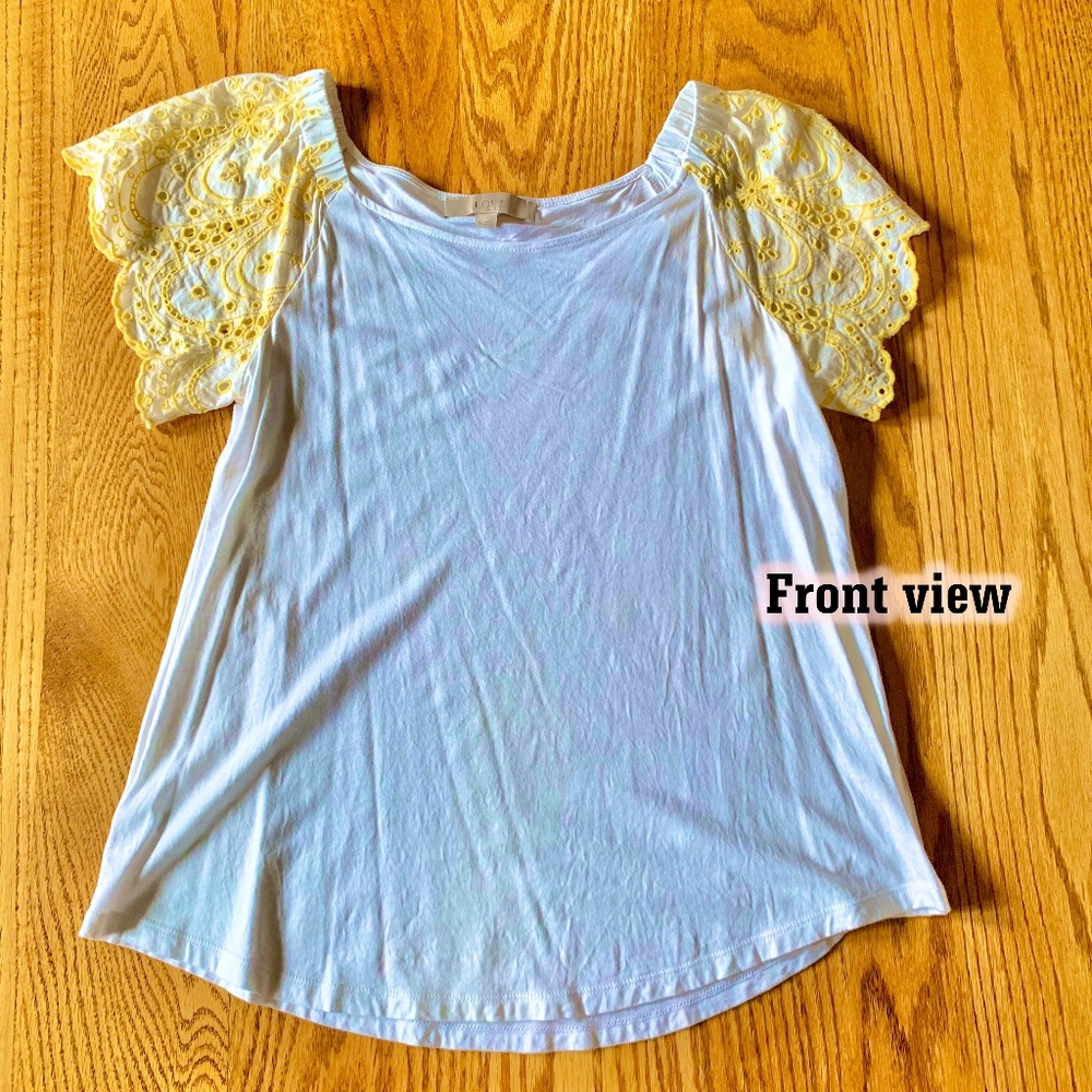 "LOFT " pull over, white top w/ yellow, embroidered, eyelet, short sleeves, M